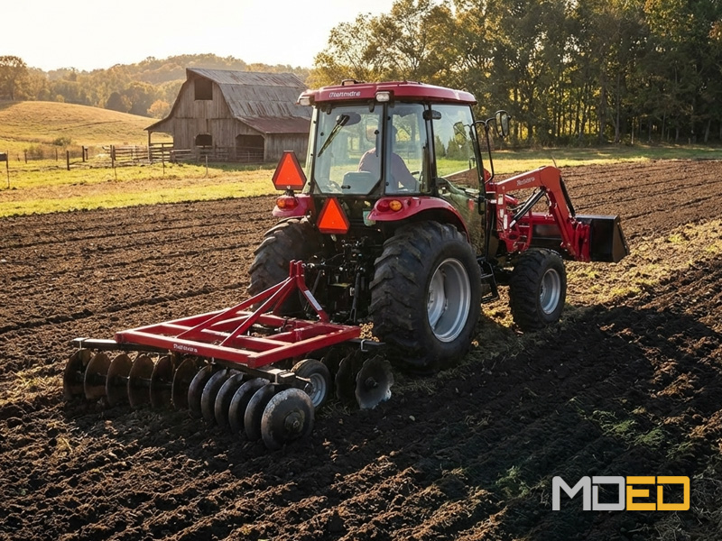 Travaux agricoles avec un tracteur Mahindra au Lac-Saint-Jean