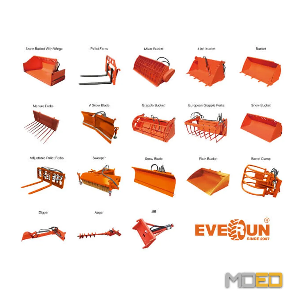 accessoires chargeur télescopique Everun ERT1500 4WD godet fourches tariere grappin lame neige attachements