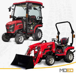 Tracteur sous-compact Mahindra 1120 HST 4WD offert avec cabine ou en version poste ouvert avec chargeuse frontale.