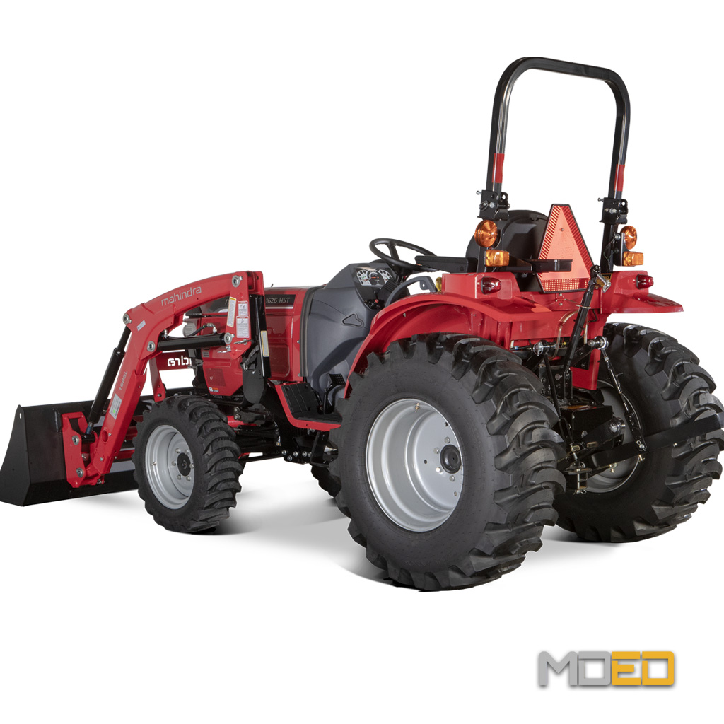 Vue arrière du tracteur Mahindra 1626 HST 4WD avec attelage trois points et chargeur frontal.