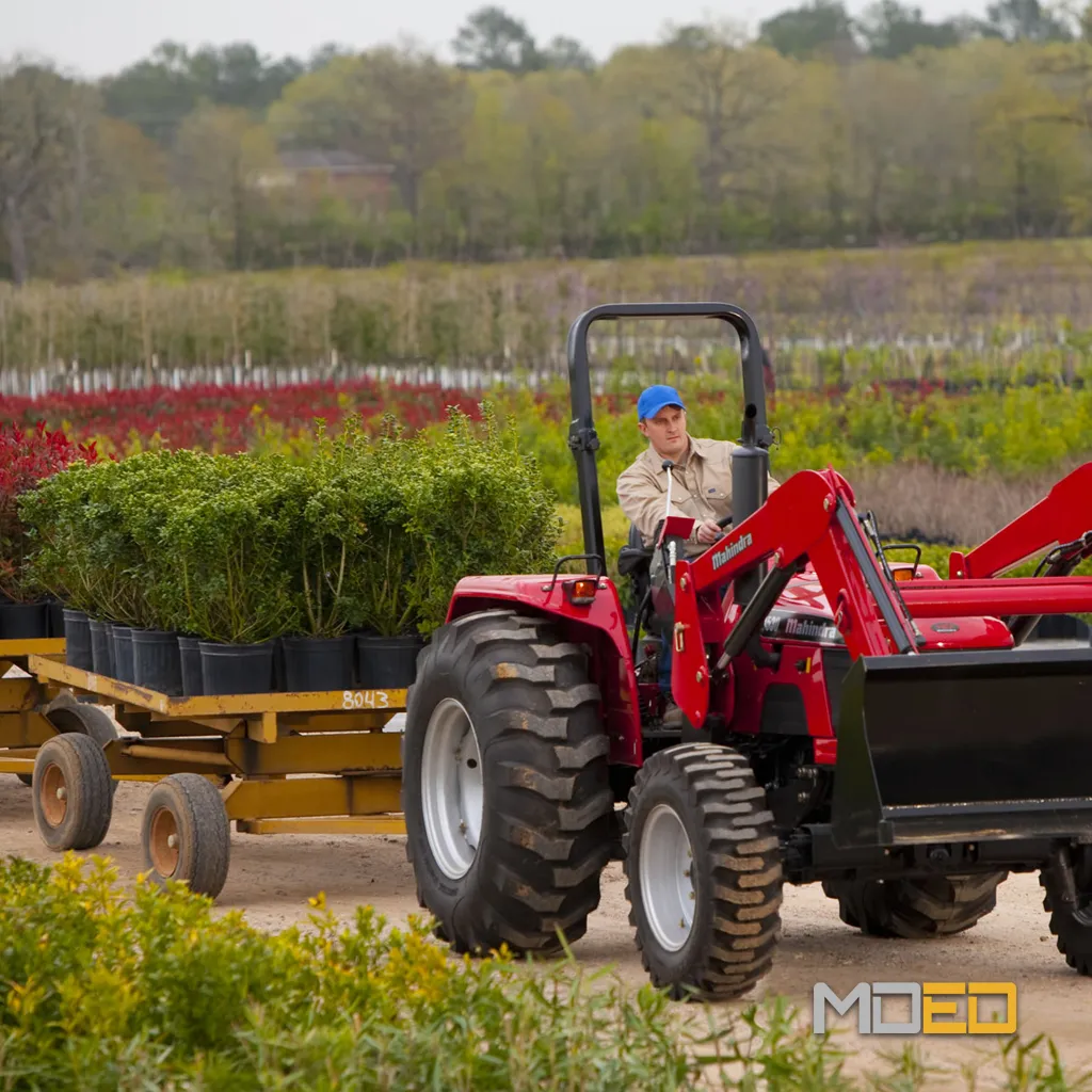 Mahindra 4550 4WD avec chargeuse tirant un wagon de plants en pépinière