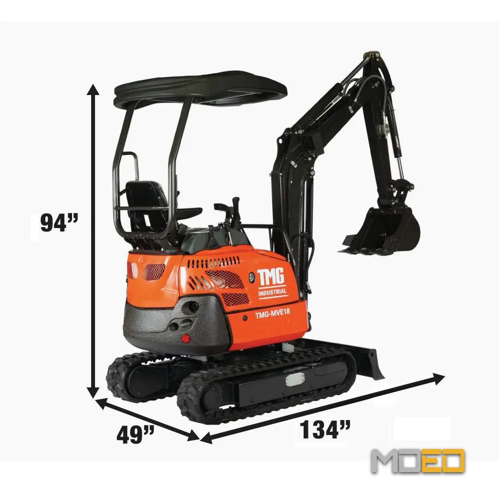 dimensions mini excavatrice TMG MVE18 1.6 tonne largeur 49 pouces hauteur 94 pouces longueur 134 pouces