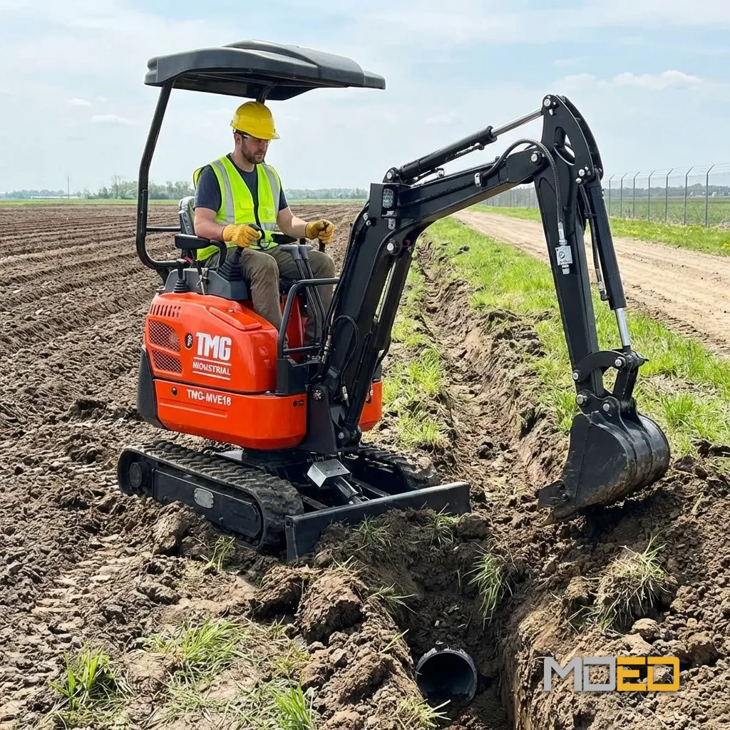 mini excavatrice TMG MVE18 1.6 tonne drainage agricole installation ponceau tranchée