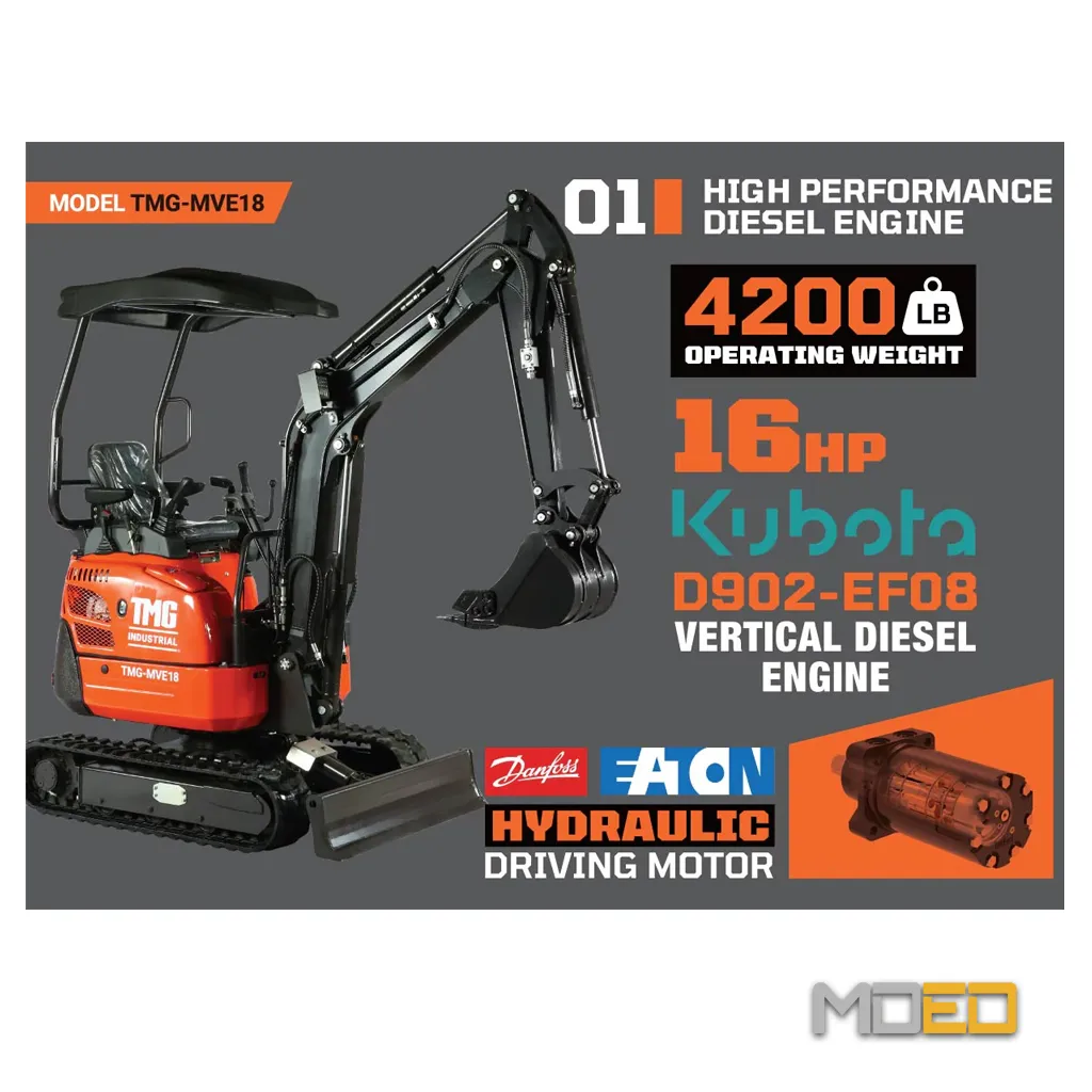 mini excavatrice TMG MVE18 1.6 tonne moteur Kubota D902 16 HP hydraulique Danfoss Eaton