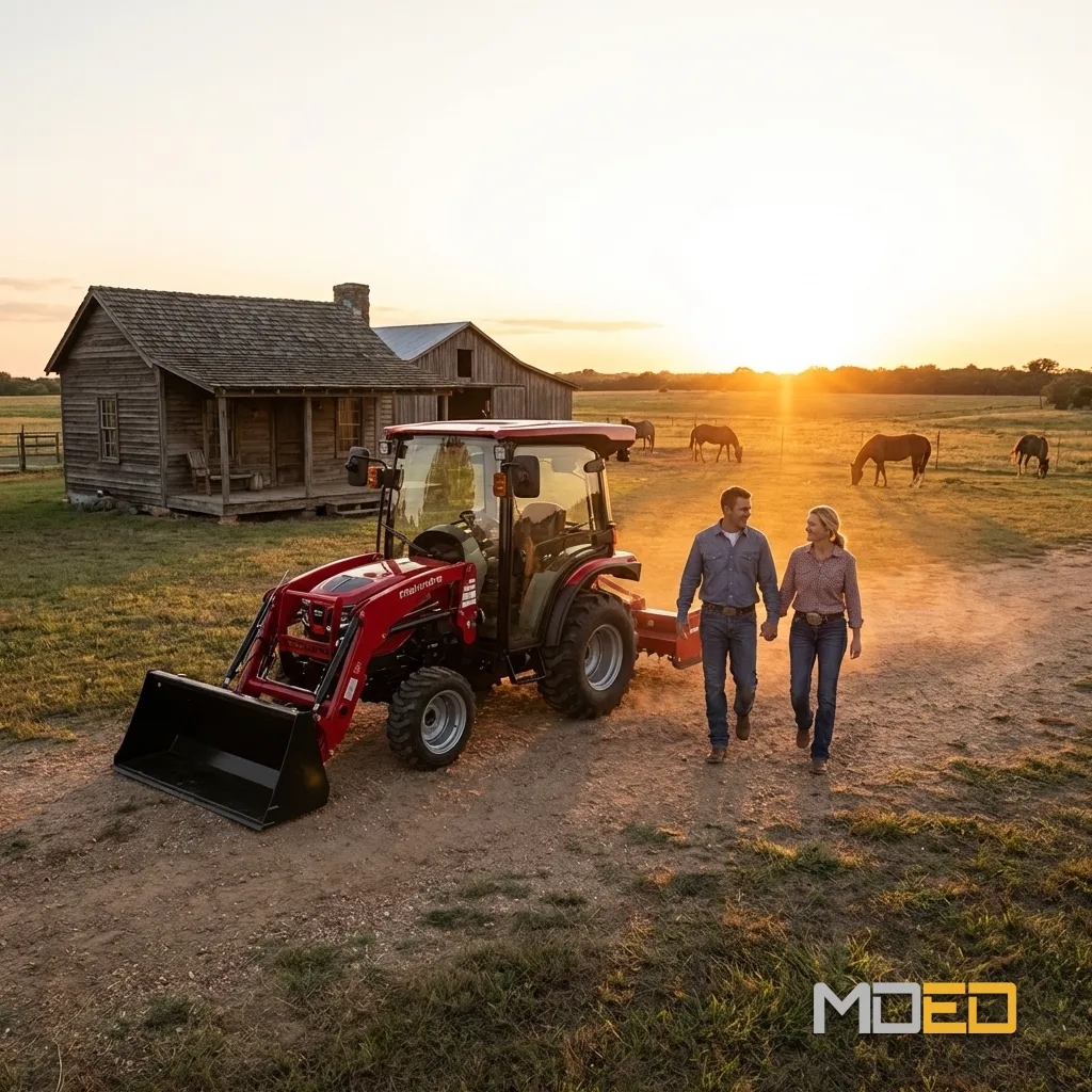 Tracteur compact Mahindra 2126 HST cabine avec chargeur frontal sur fermette au coucher du soleil