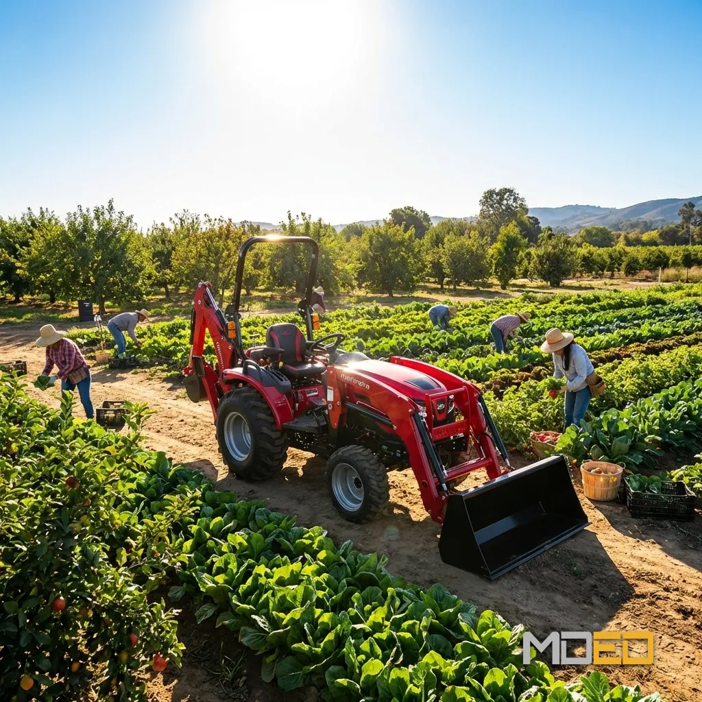 Tracteur compact Mahindra 2126 HST avec chargeur frontal et rétrocaveuse en maraîchage