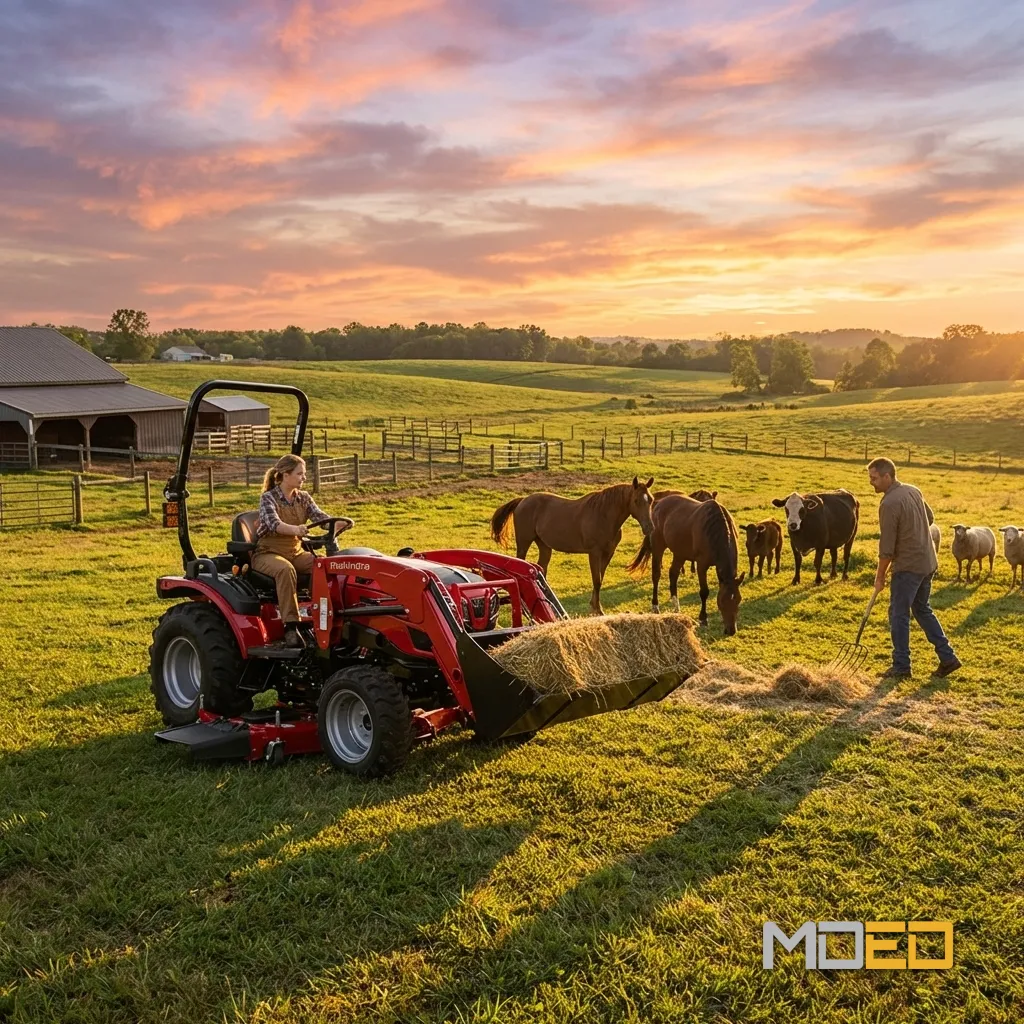 Tracteur compact Mahindra 2126 HST avec chargeur frontal transportant du foin en élevage