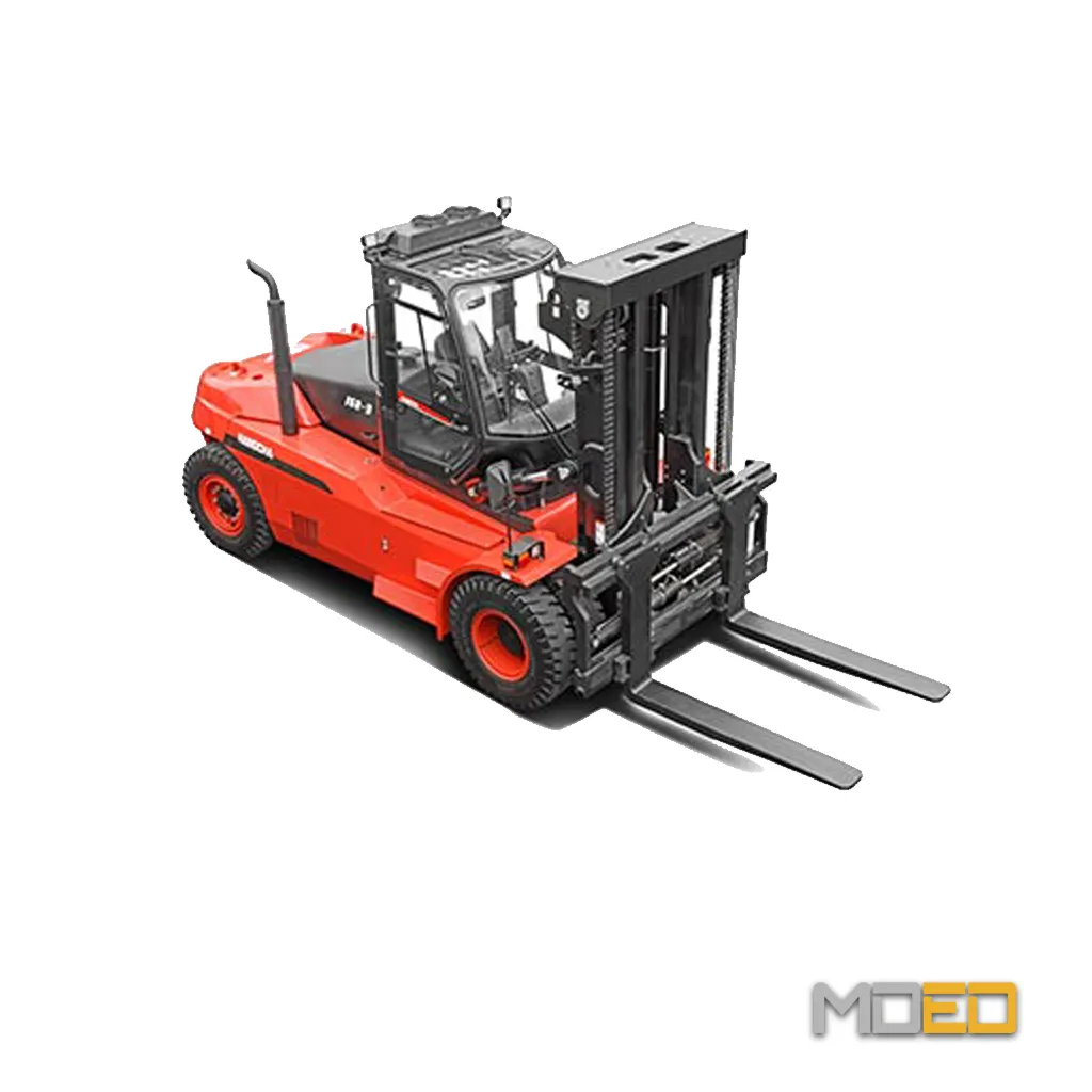 Vue isométrique avant du Hangcha CPCD160 de 36 000 lb avec mât industriel et fourches longues.