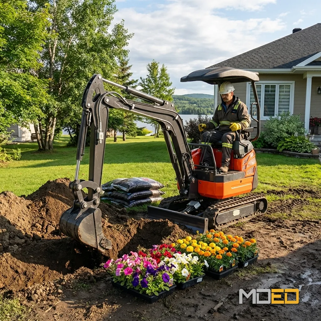 mini excavatrice TMG MVE16 1.4 tonne travaux paysagement résidentiel excavation jardin tranchée