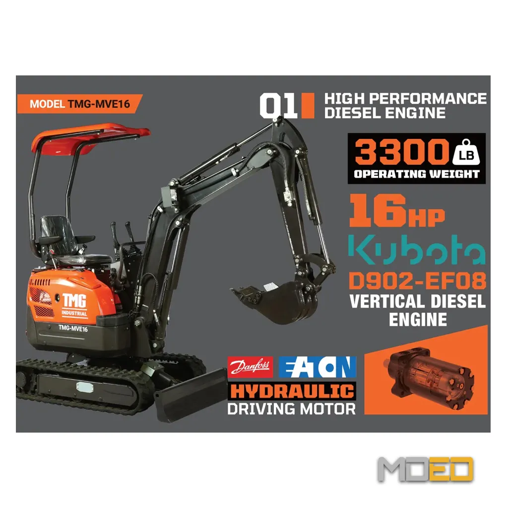 mini excavatrice TMG MVE16 1.4 tonne moteur Kubota D902 16HP specs poids 3300 lb hydraulique Danfoss Eaton