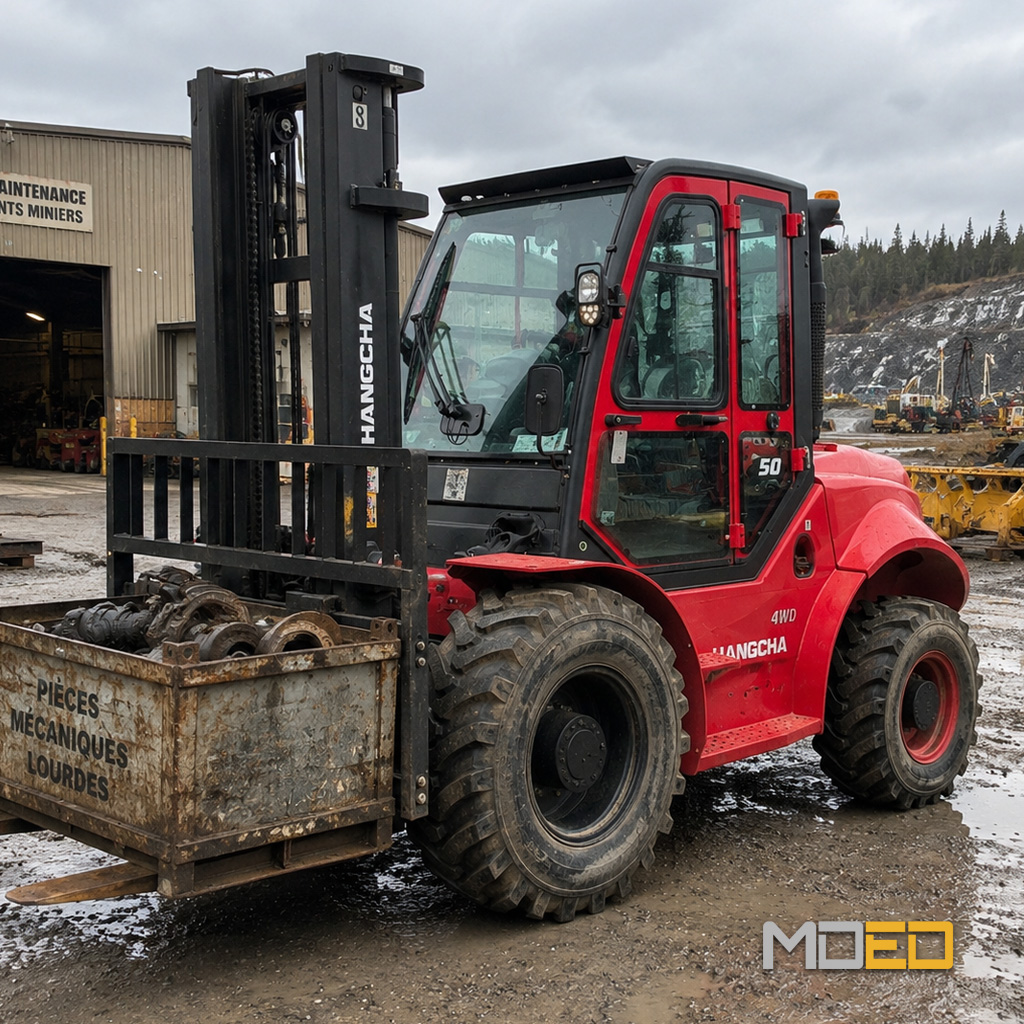 Chariot élévateur Hangcha CPCD50 4WD de 11 000 lb transportant des pièces mécaniques lourdes sur un site minier.