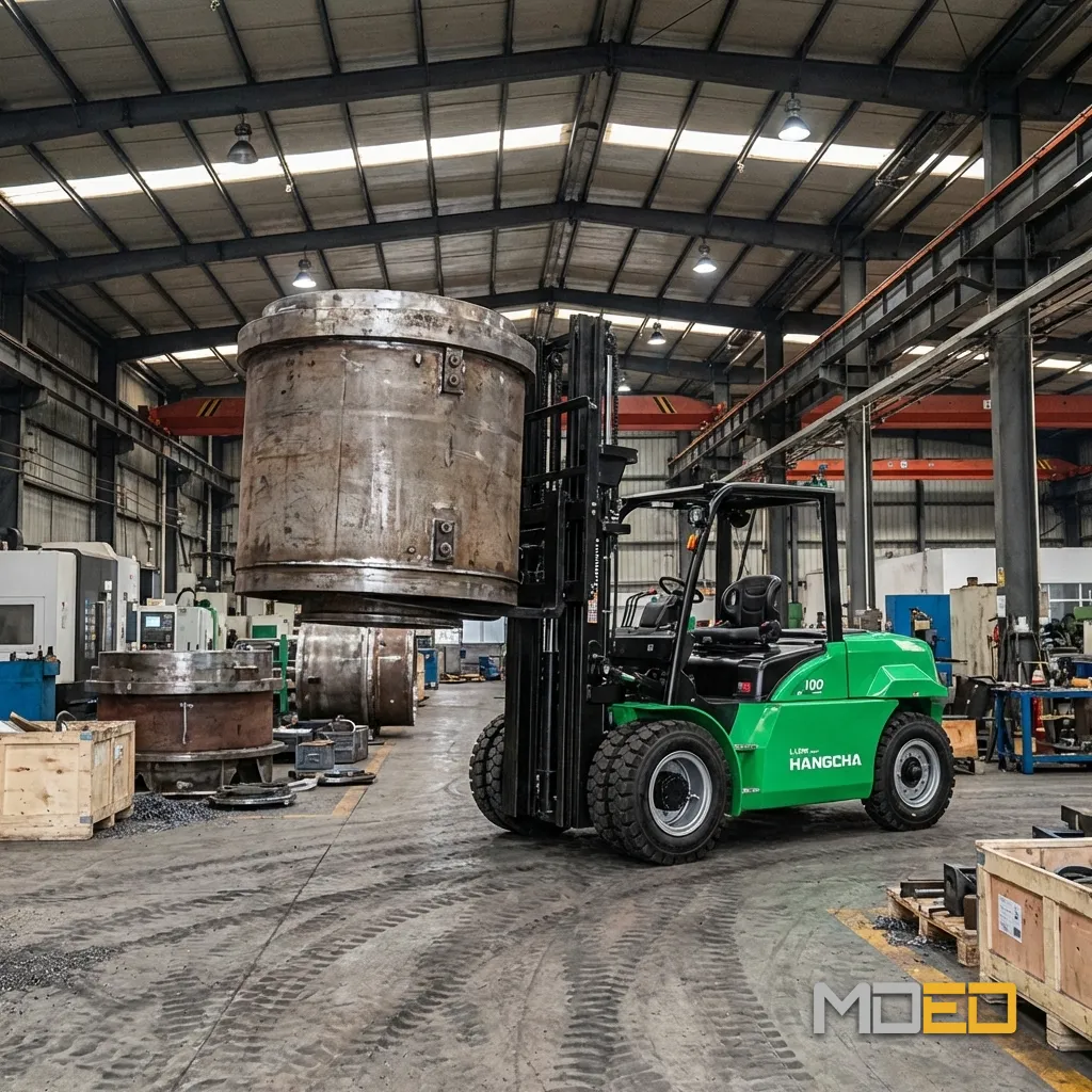 Chariot élévateur Hangcha CPD100 lithium-ion soulevant une charge industrielle lourde en usine