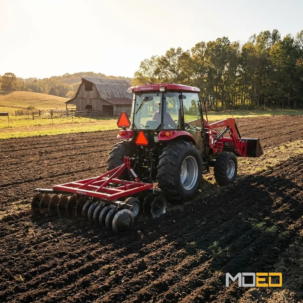 Tracteur Mahindra 2655 HST Cab travaillant le sol agricole avec herse dans un champ