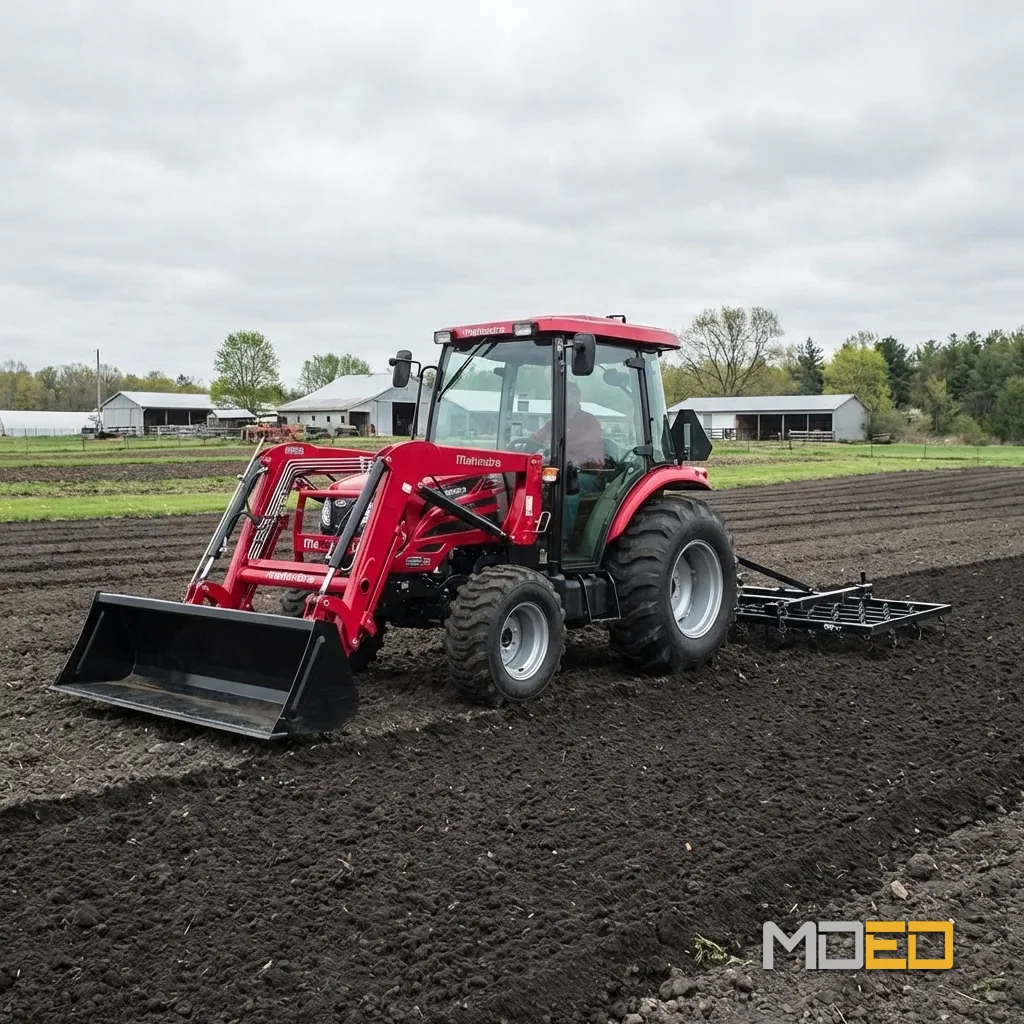 Tracteur Mahindra 2655 HST Cab avec chargeur frontal et herse en travail dans un champ agricole