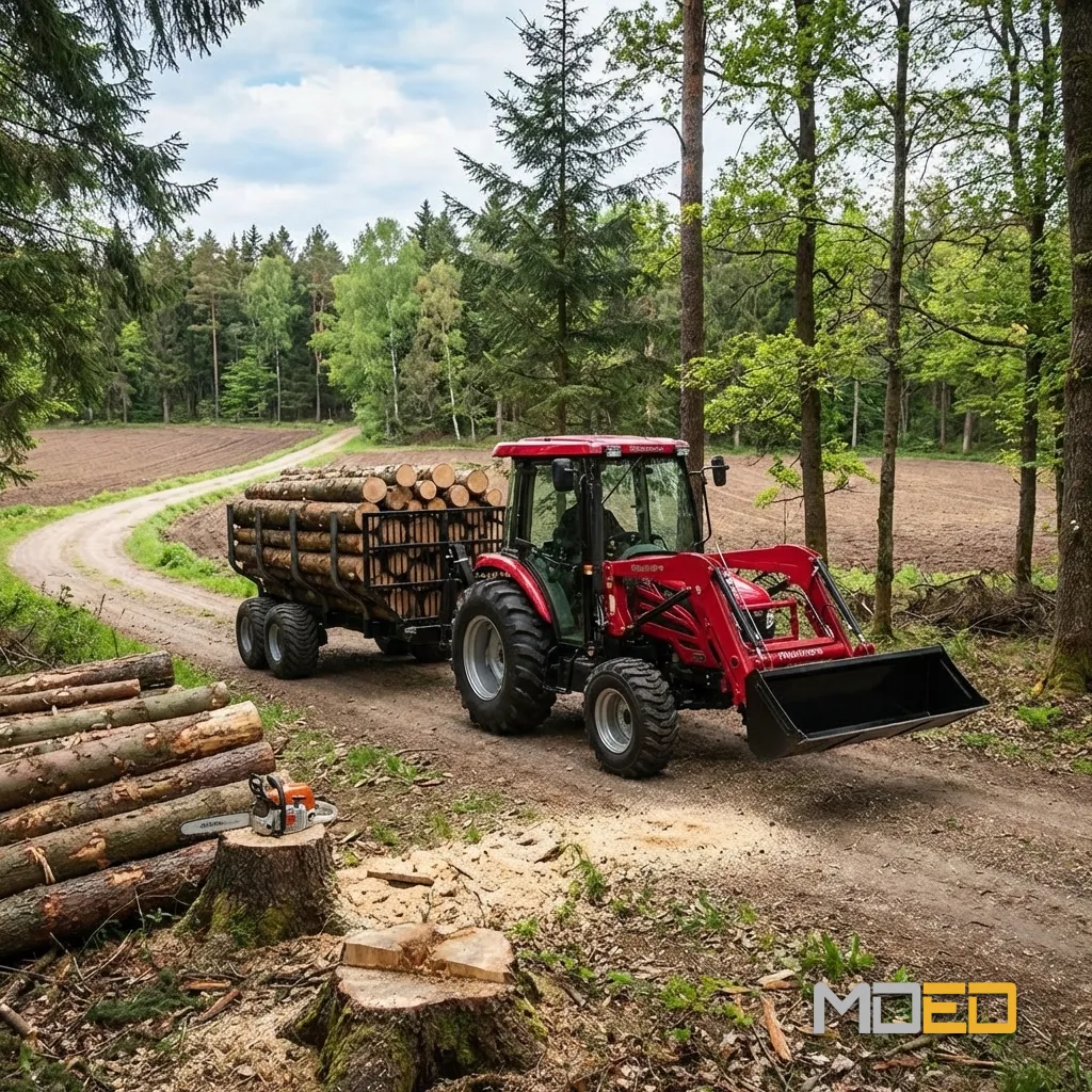 Tracteur Mahindra 2655 HST Cab transportant des billots de bois avec remorque en forêt