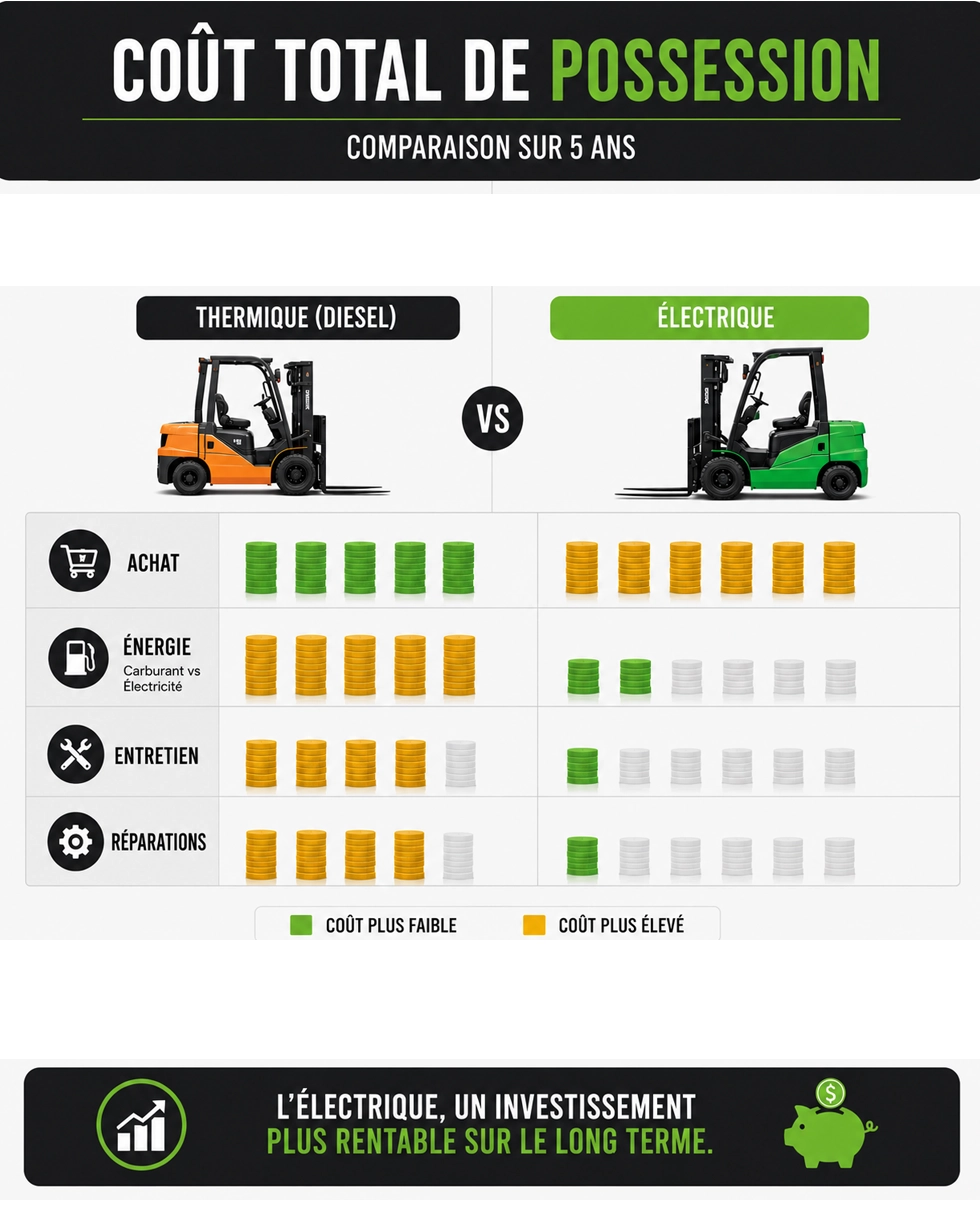 Coût total de possession : chariot élévateur électrique ou diesel ? Comparaison du coût total de possession sur cinq ans entre un chariot élévateur électrique et un chariot élévateur diesel incluant l'achat, l'énergie, l'entretien et les réparations.