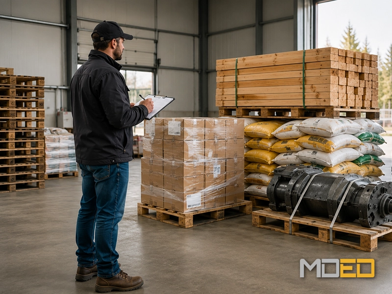Identifier ses besoins avant de choisir un chariot élévateur Employé analysant des palettes et des marchandises dans un entrepôt afin de déterminer les besoins de manutention avant l'achat d'un chariot élévateur.