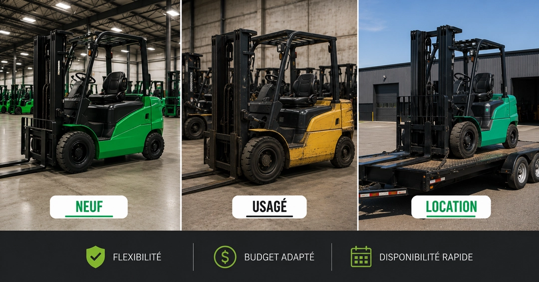 Neuf, usagé ou location : quelle option choisir pour votre chariot élévateur ? Comparaison entre un chariot élévateur neuf, un chariot élévateur usagé et un chariot élévateur en location pour illustrer les différentes options d'acquisition disponibles.