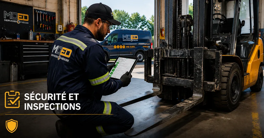 Inspection et sécurité des chariots élévateurs Technicien effectuant une inspection de sécurité sur un chariot élévateur dans un atelier spécialisé afin de vérifier la conformité et l'état général de l'équipement.
