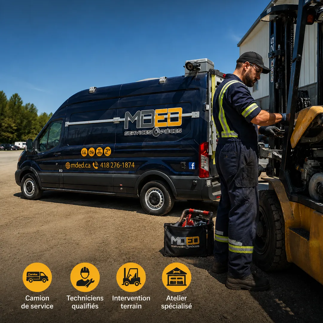 Service après-vente et entretien de chariots élévateurs Technicien spécialisé effectuant l'entretien d'un chariot élévateur avec camion de service mobile MDED Services Pièces pour le soutien technique et les réparations sur le terrain.