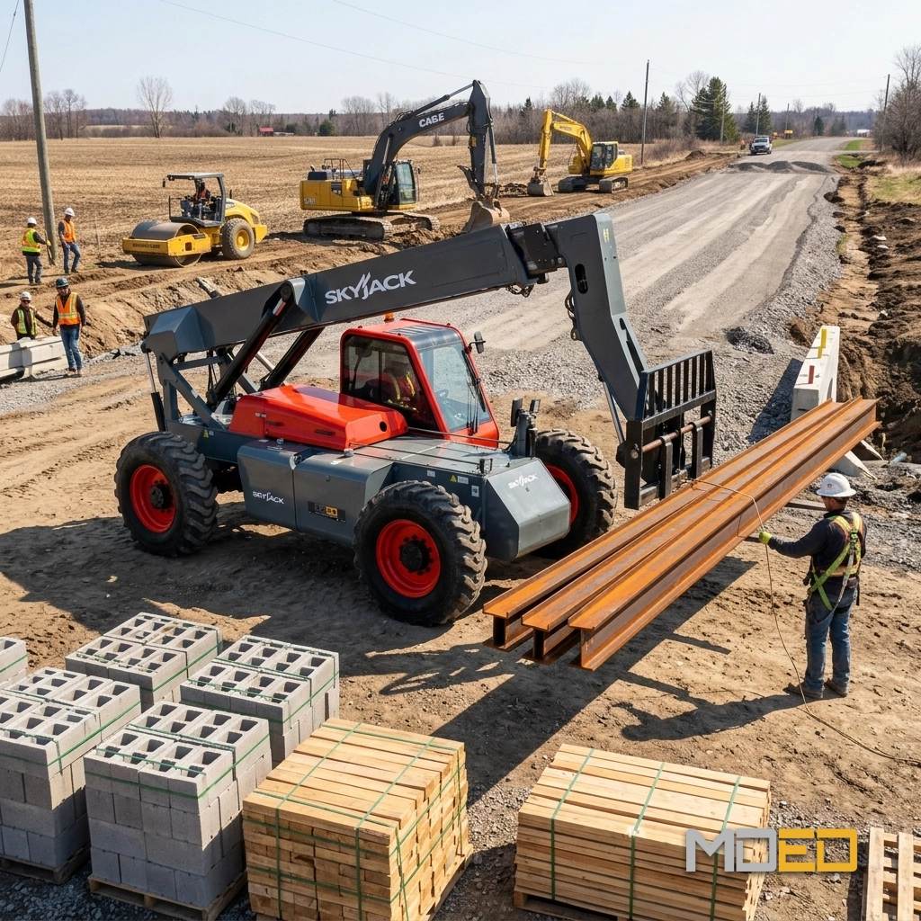 Skyjack VR642D manipulant des poutres d’acier sur un chantier routier.