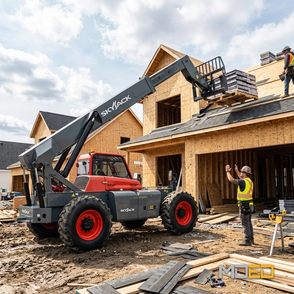 Skyjack VR642D levant des matériaux de toiture sur un chantier de construction résidentielle.