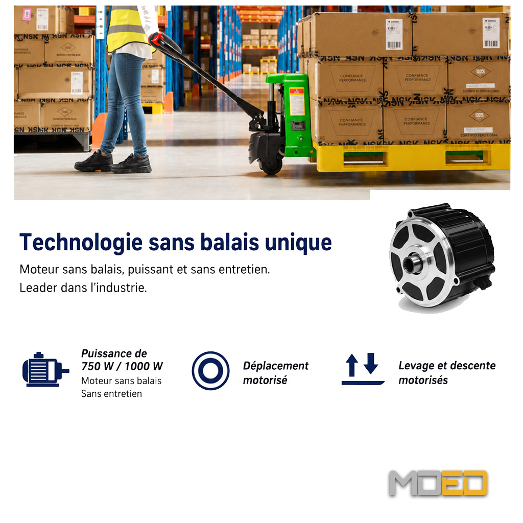 Transpalette électrique Hangcha CBD15-WS avec moteur brushless sans entretien pour la manutention de palettes.