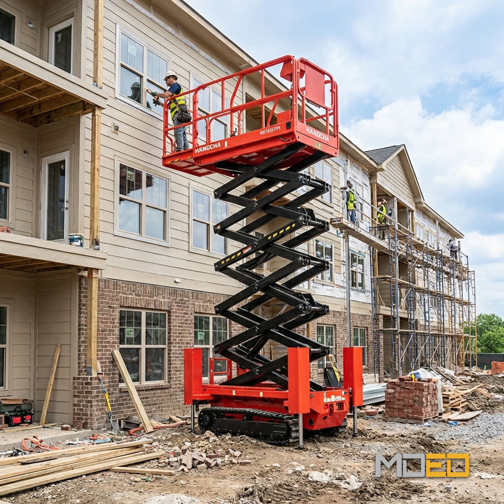Ciseaux lift sur chenilles Hangcha HS2663TP utilisé pour des travaux en hauteur sur un chantier de construction.