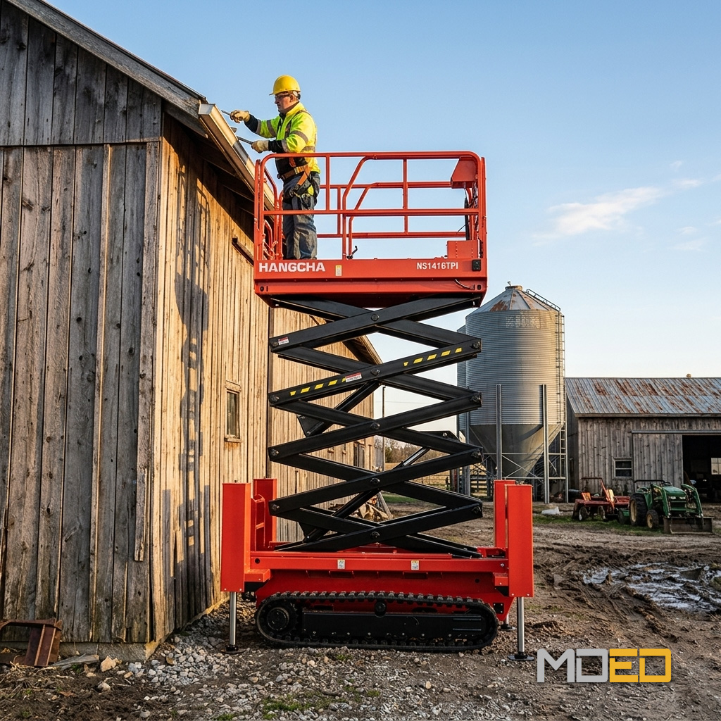 Ciseaux lift Hangcha HS2663TP sur chenilles utilisé pour des travaux en hauteur sur un bâtiment agricole.