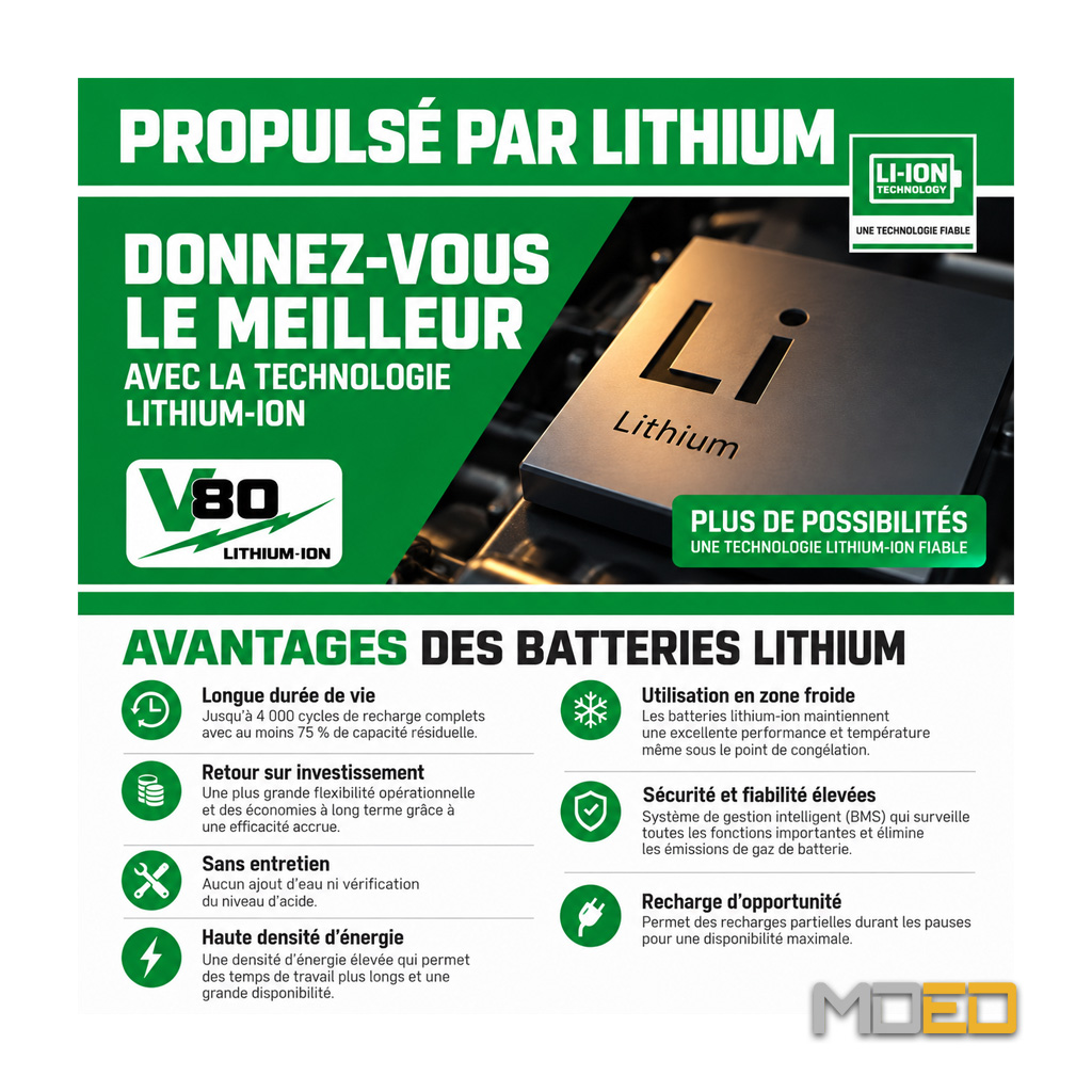 Avantages des batteries lithium-ion V80 des chariots élévateurs Hangcha CPD25 XE et CPD30 XE : autonomie, recharge rapide et entretien réduit.