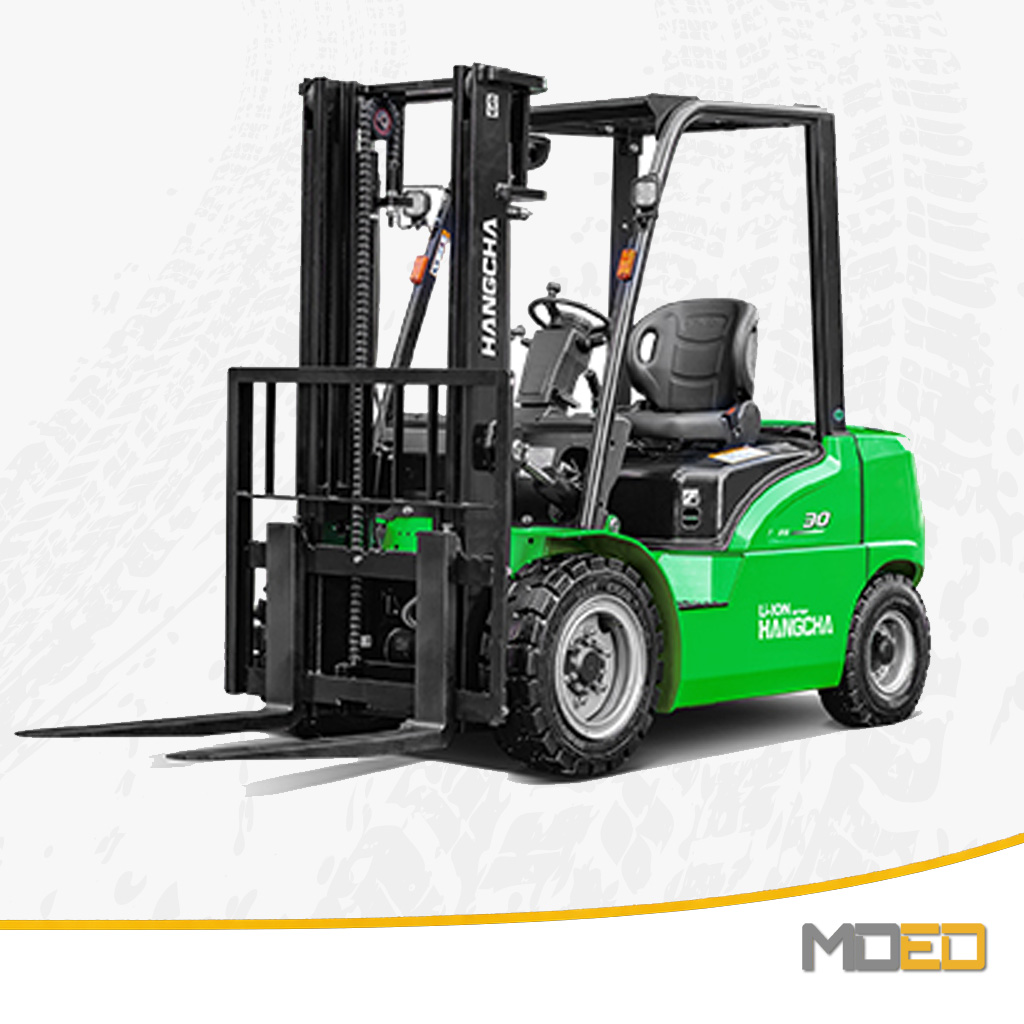 Chariot élévateur électrique Hangcha CPD30 XE lithium-ion de 6 600 lb, vert et noir, avec fourches frontales et poste de conduite ouvert.